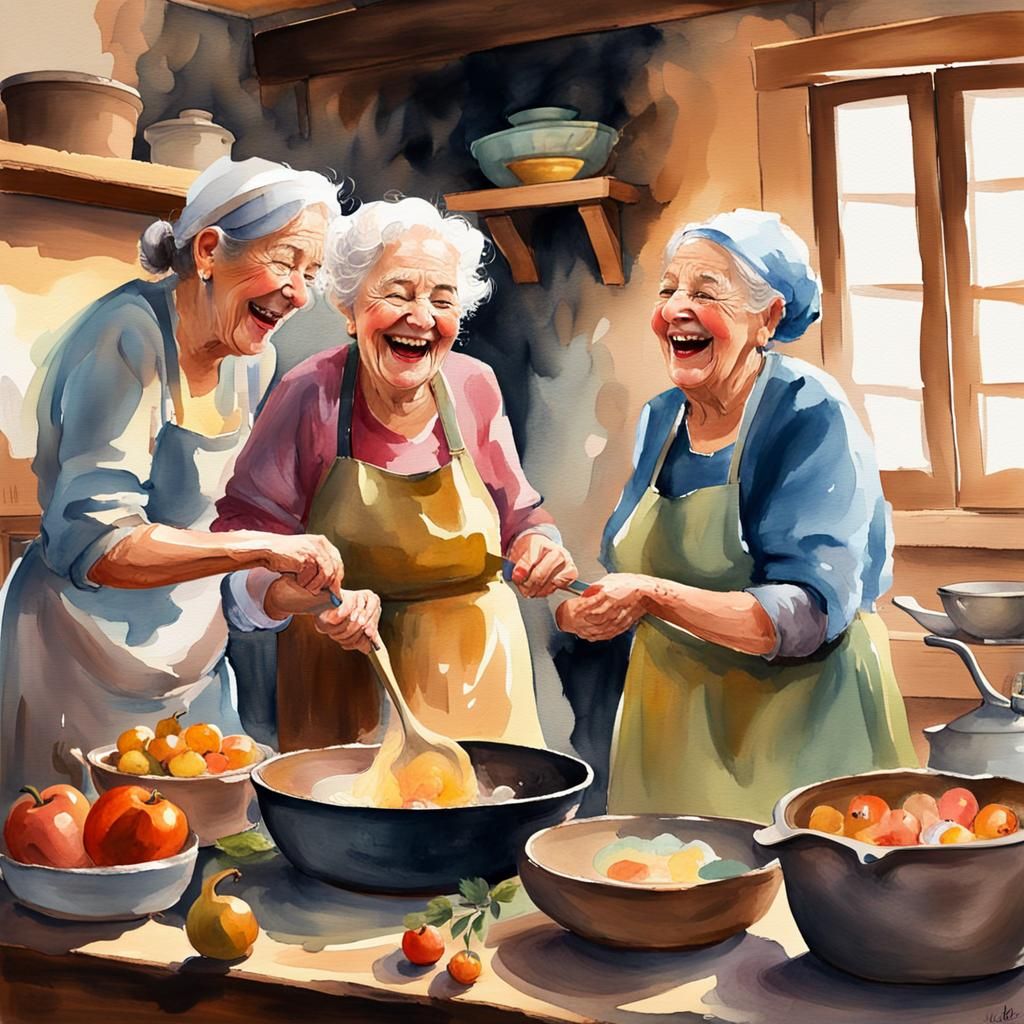 Laughing Women Cook in Cozy Farmhouse Kitchen