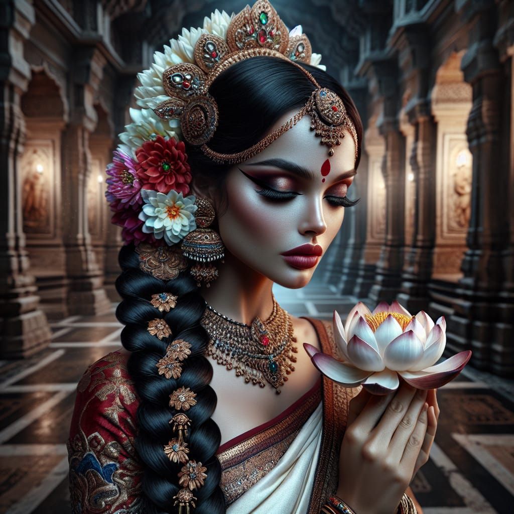South Indian Goddess in Temple, Hyperrealistic Digital Art
