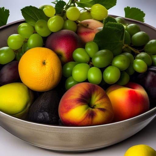 Grapes, oranges, apples, avocado, lemons, peaches, in bowl, on counter