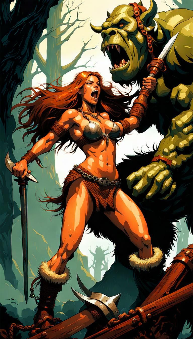 Barbarian Woman Attacks Ogre: Graphic Novel Illustration
