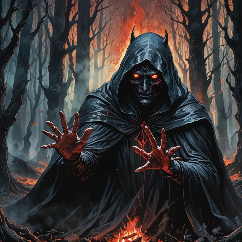 Ethereal Entity Reaching for Campfire: Dark Fantasy Art