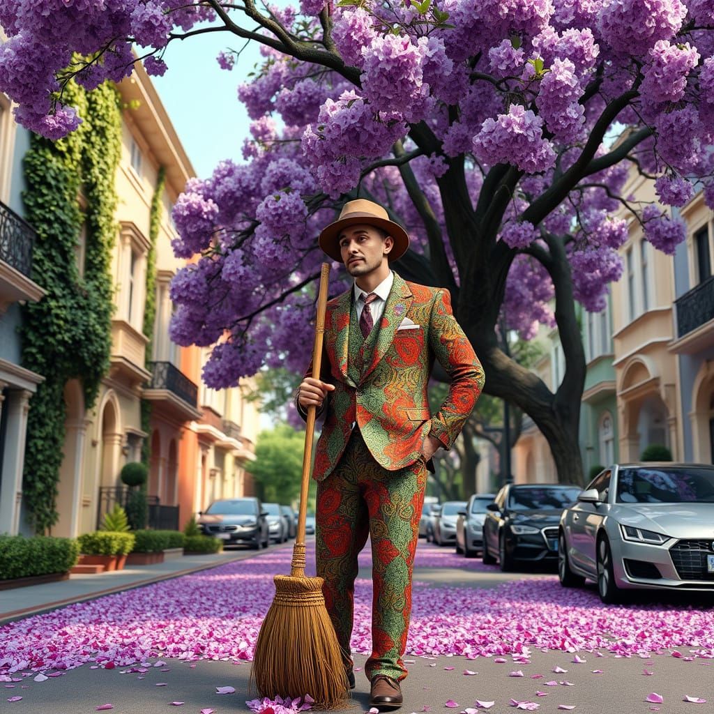 Vibrant Suburban Scene with Jacaranda Tree and Whimsical Det...
