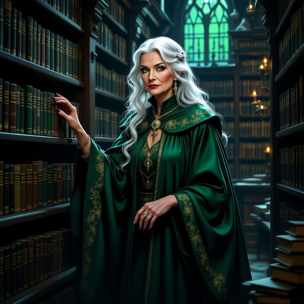 Elderly Witch in Emerald Robes in Dimly Lit Library