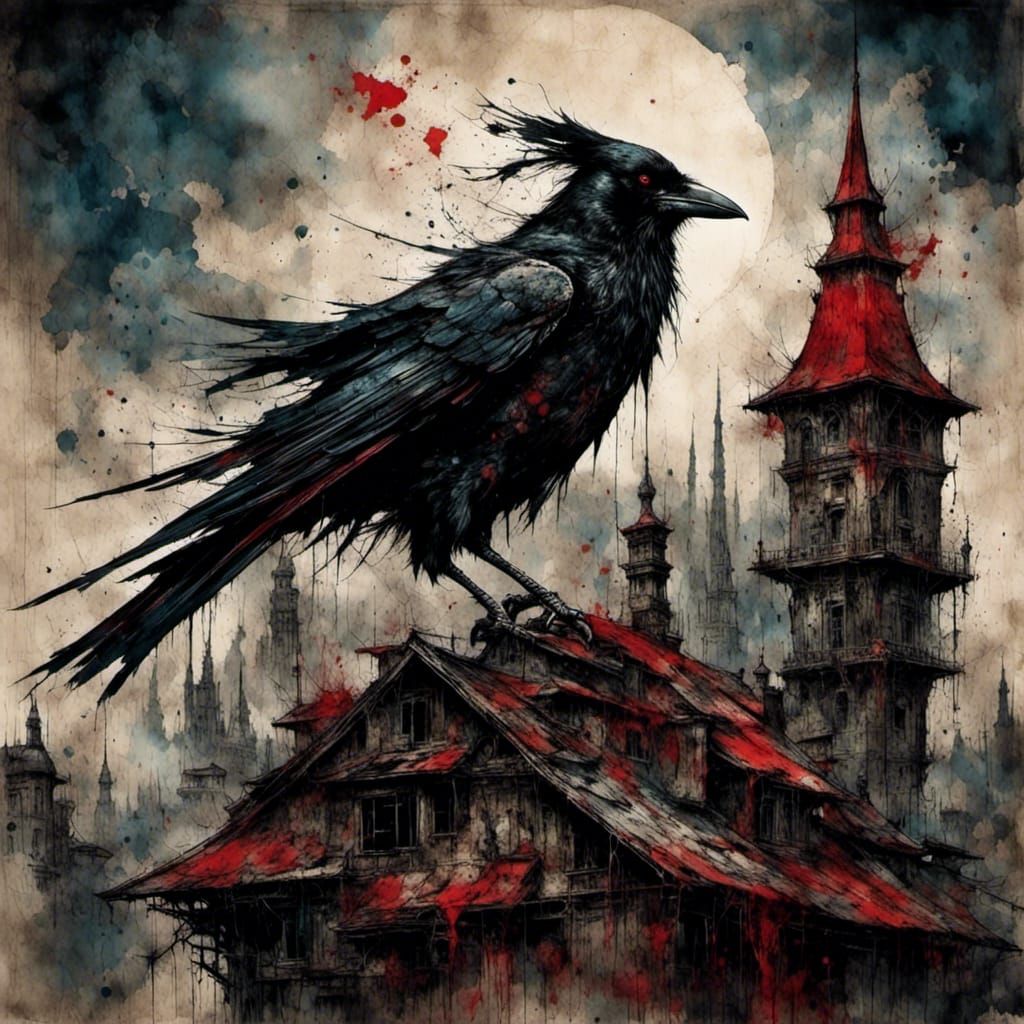 Angry Crow Sorcerer on Rooftop in Dark Grunge Style