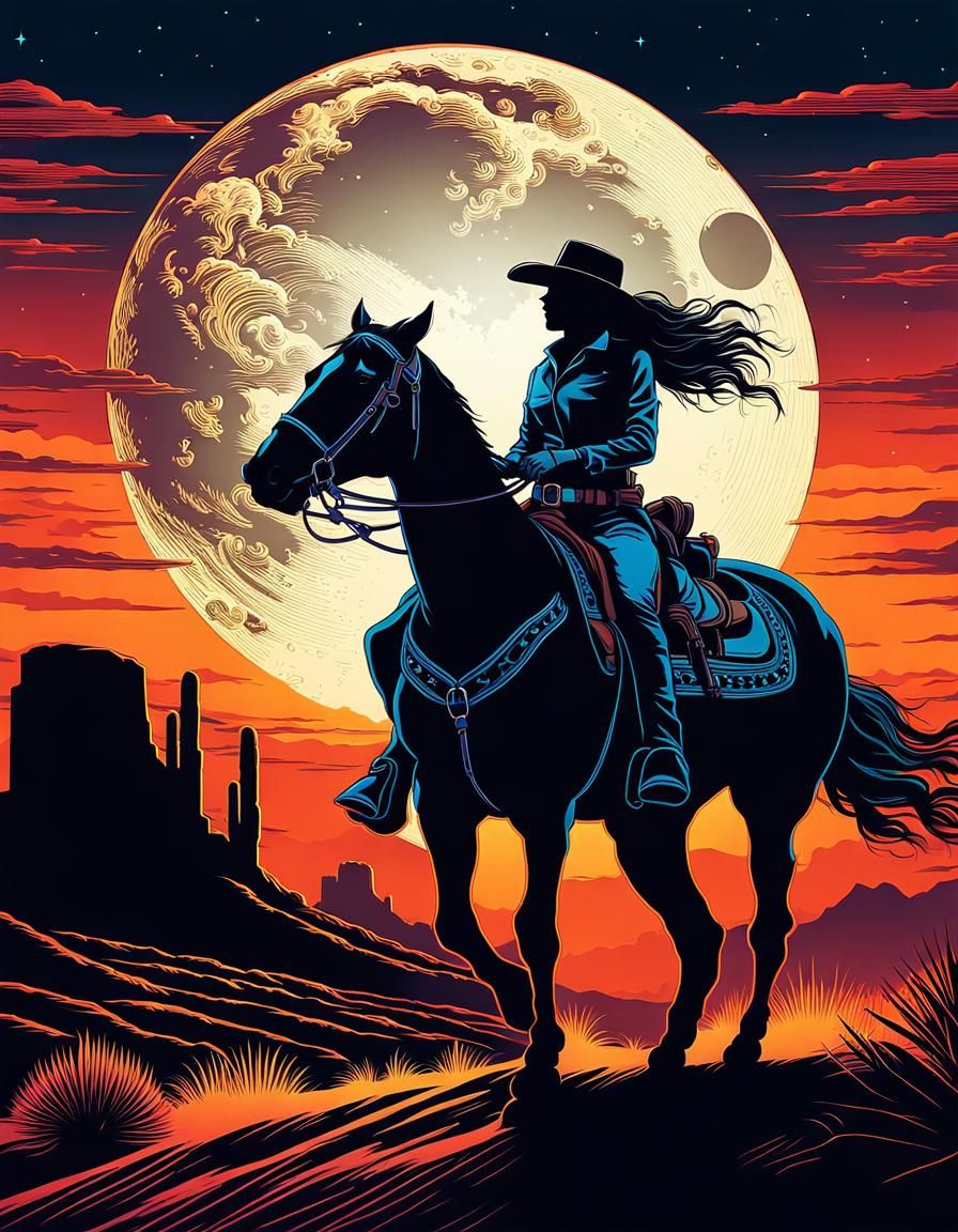 Cowgirl Silhouette Under Full Moon: Psychedelic Vector Art