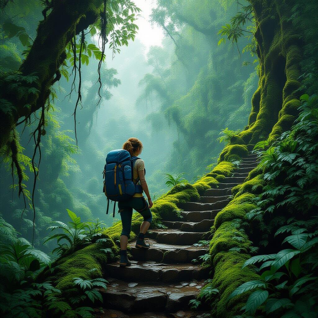 Jungle Ascent: Woman Climbing a Mossy Staircase