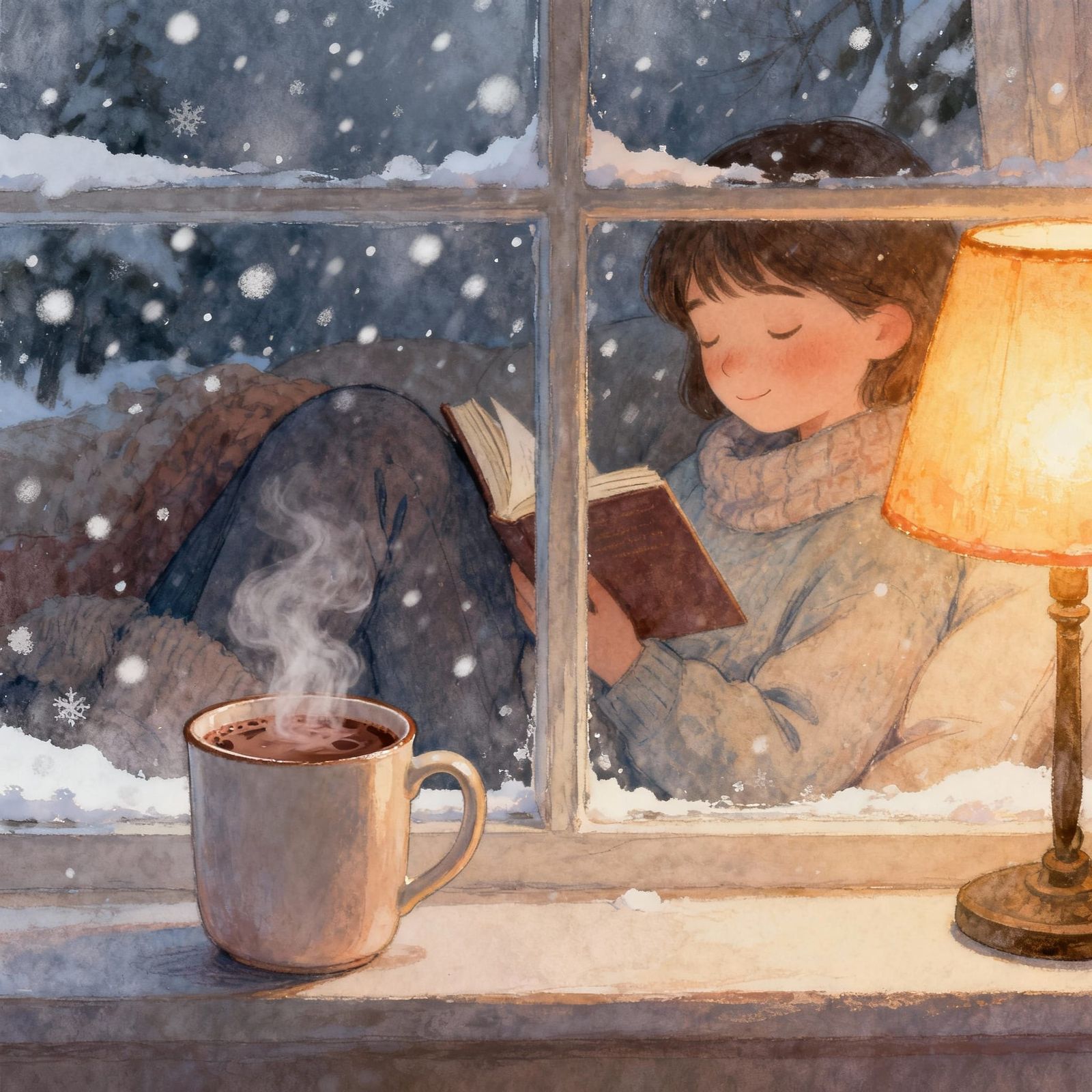 Cozy Snowy Day: Hot Chocolate & Book by Warm Lamp
