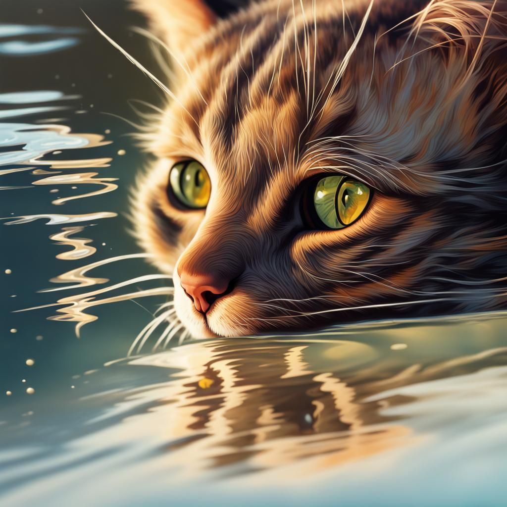 Hyperrealistic Cat Contemplates Water Reflection