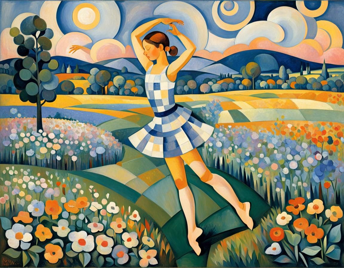 Dancer in Meadow: A Cubist Evening Scene