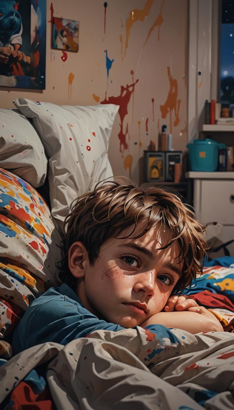 Sad Little Boy in Bedroom at Night