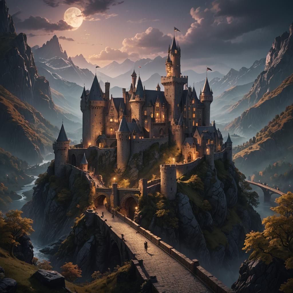 Nighttime Castle in Mountains: Fantasy Concept Art