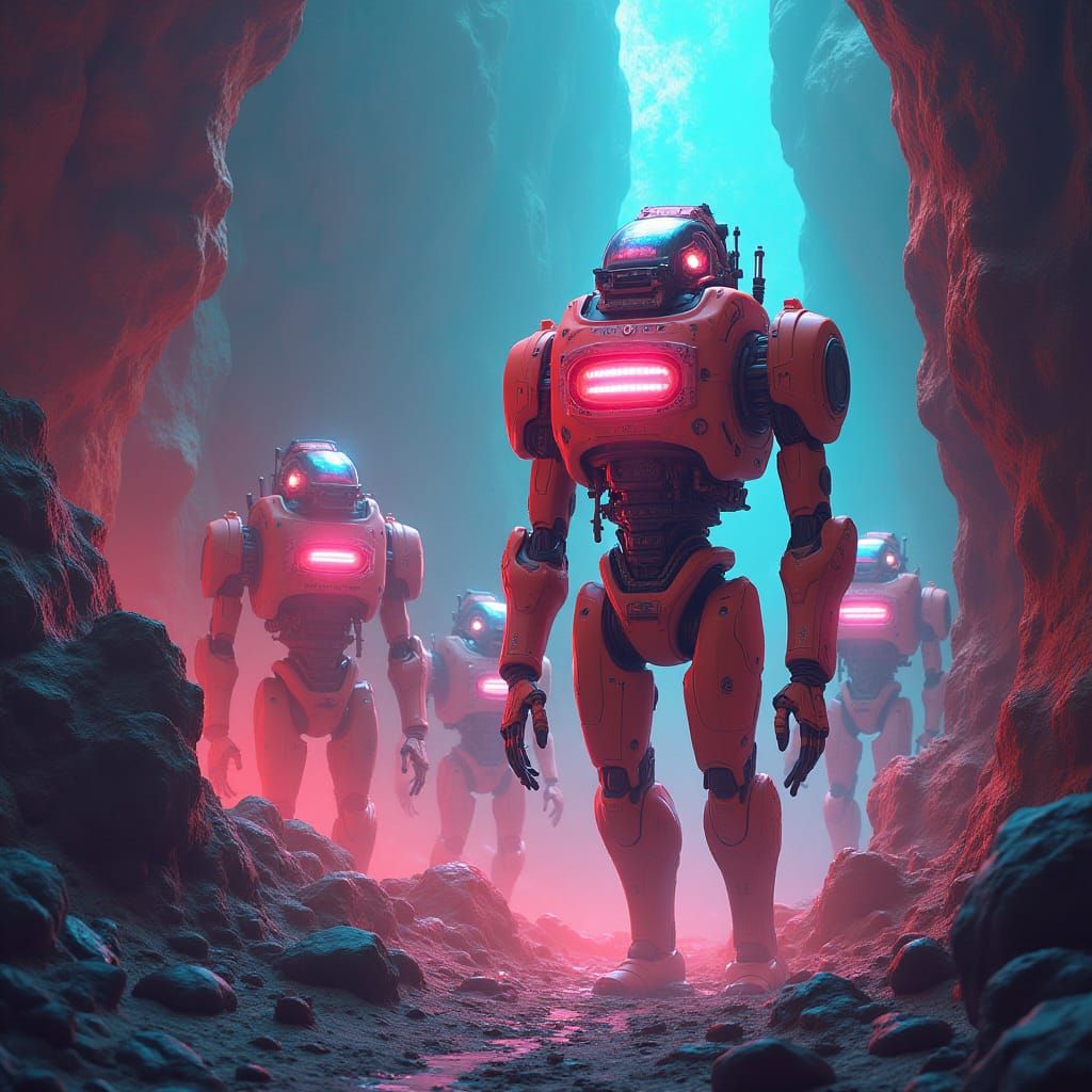 Luminous Robots in Surreal Dreamscape: Digital Art