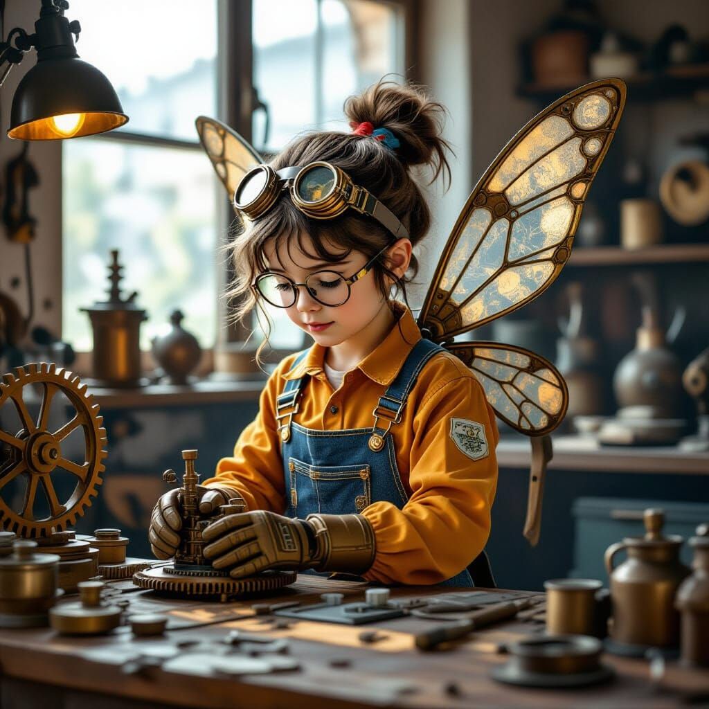 Steampunk Fairy Mechanic in Syd Mead Style
