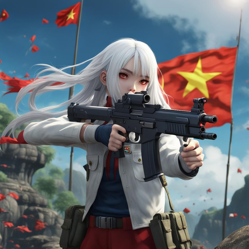 Anime Girl with Gun and Vietnam Flag, Realistic Art