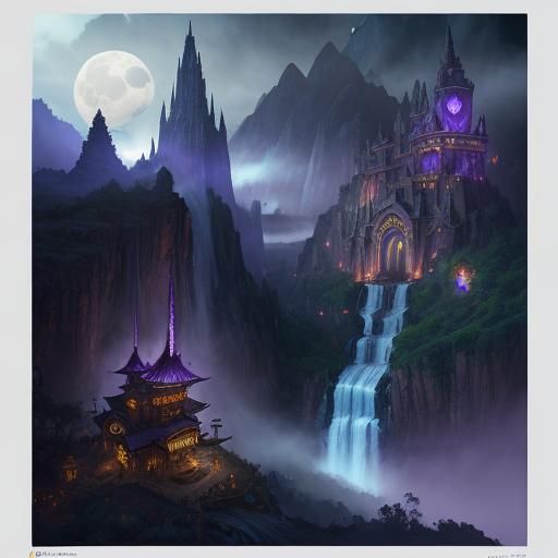 Steampunk Village Under Purple Moon: Digital Matte Painting