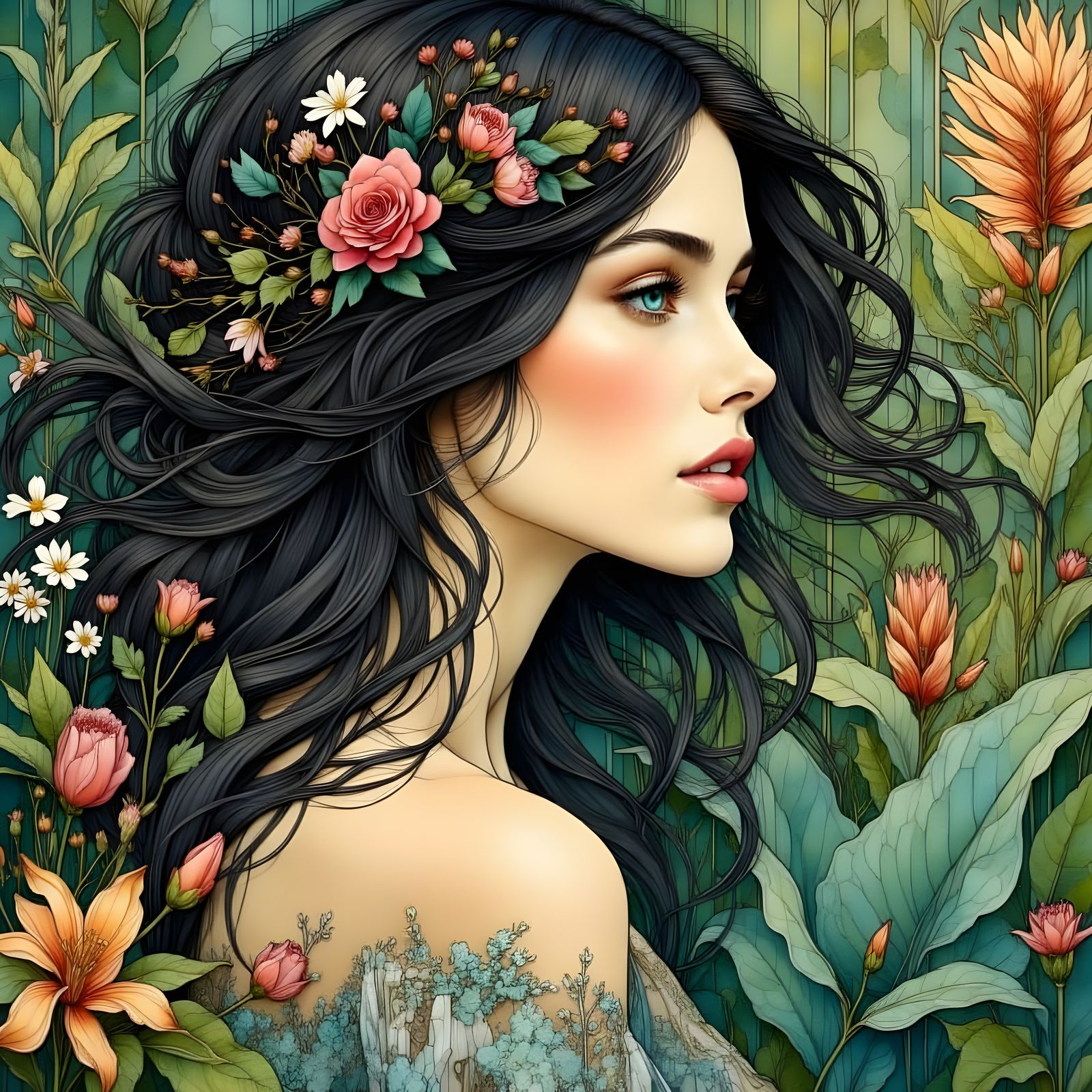 Art Nouveau Woman in Lush Garden, Watercolor Portrait
