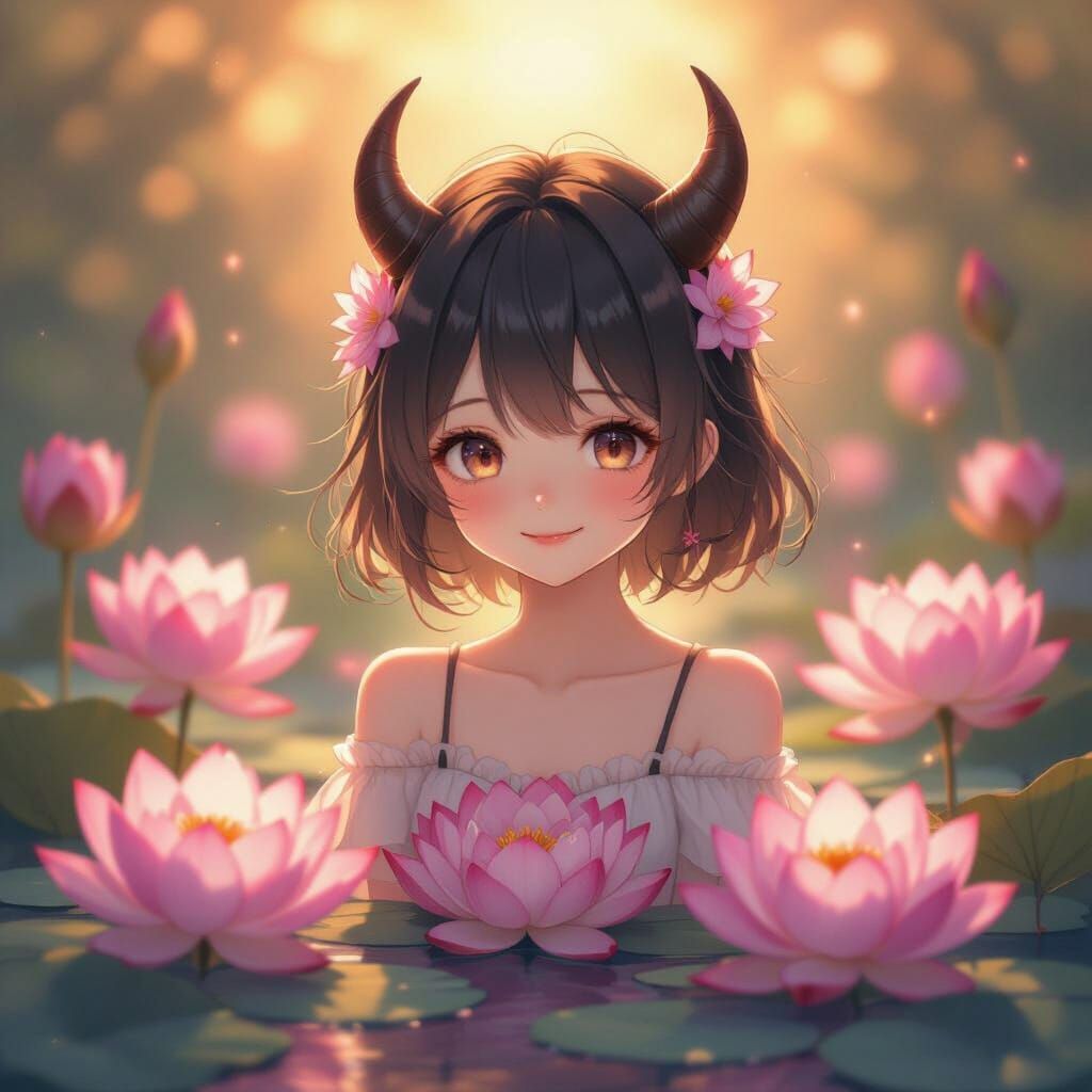Anime Girl with Horns and Lotus Flowers