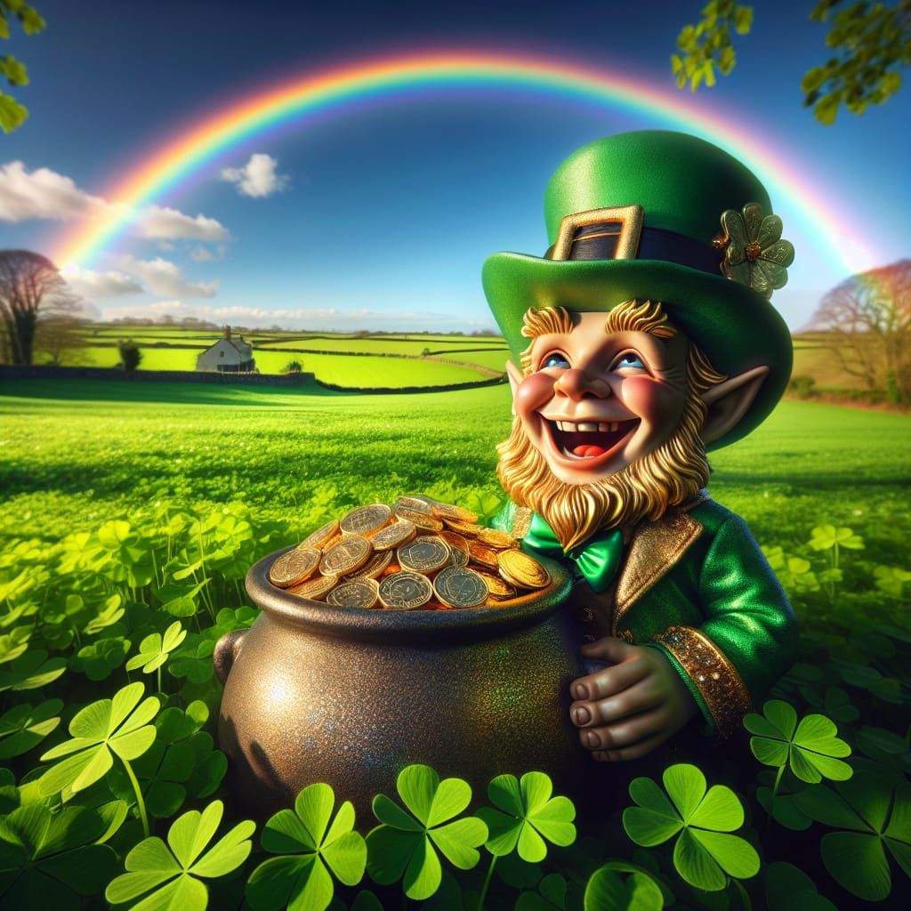Cheerful Leprechaun with Pot of Gold and Rainbow