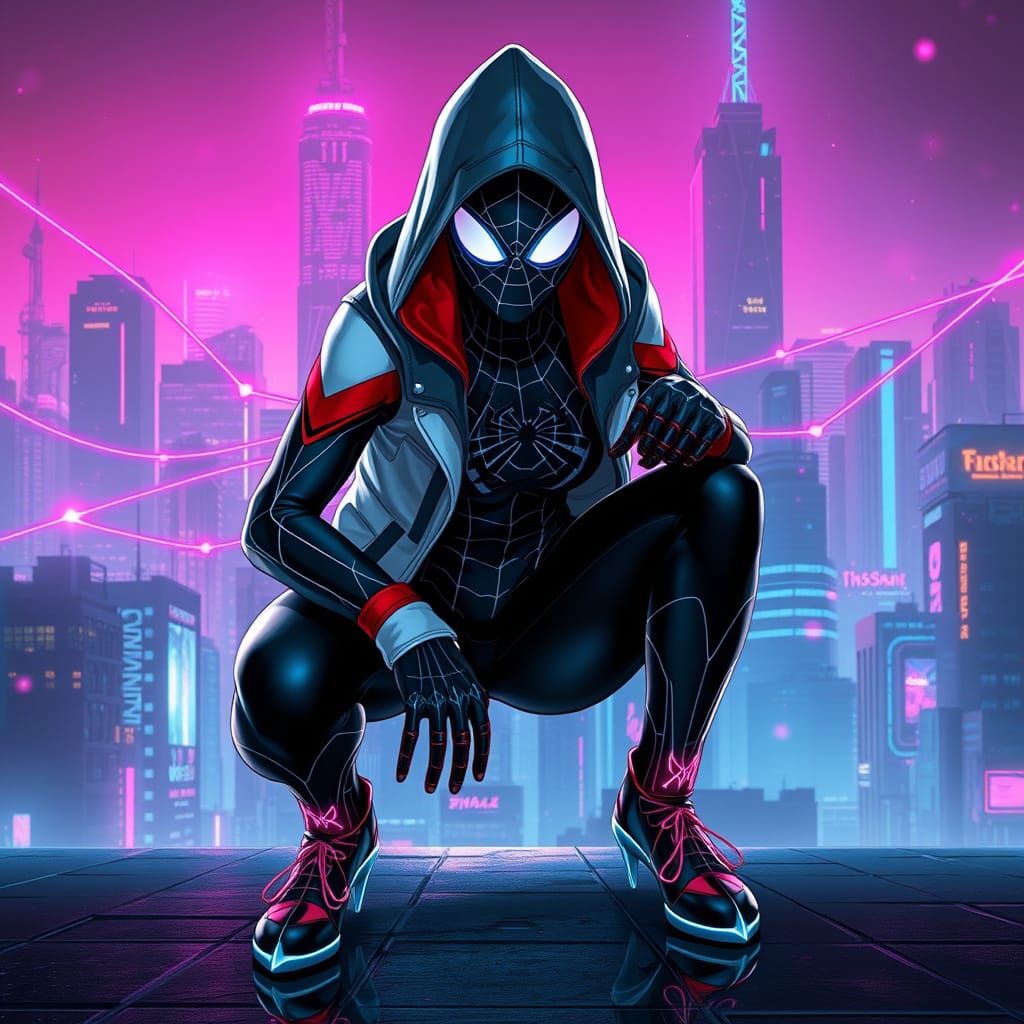 Futuristic Cyberpunk Spider-Woman in Powerful Pose