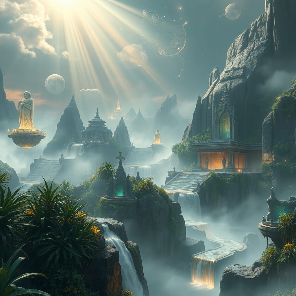 Mysterious Lost World of Ancient Ruins and Glowing Flora