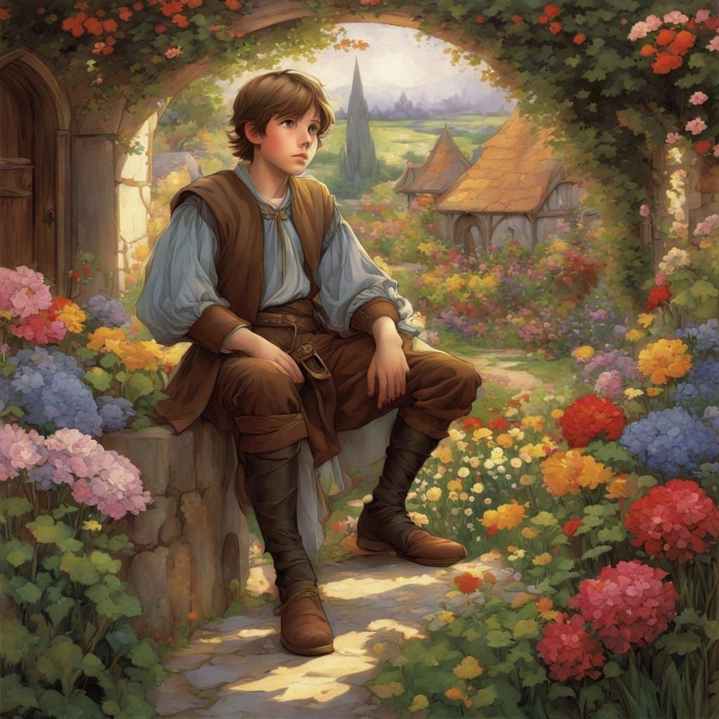 Boy in Medieval Fantasy Garden, Anime Style