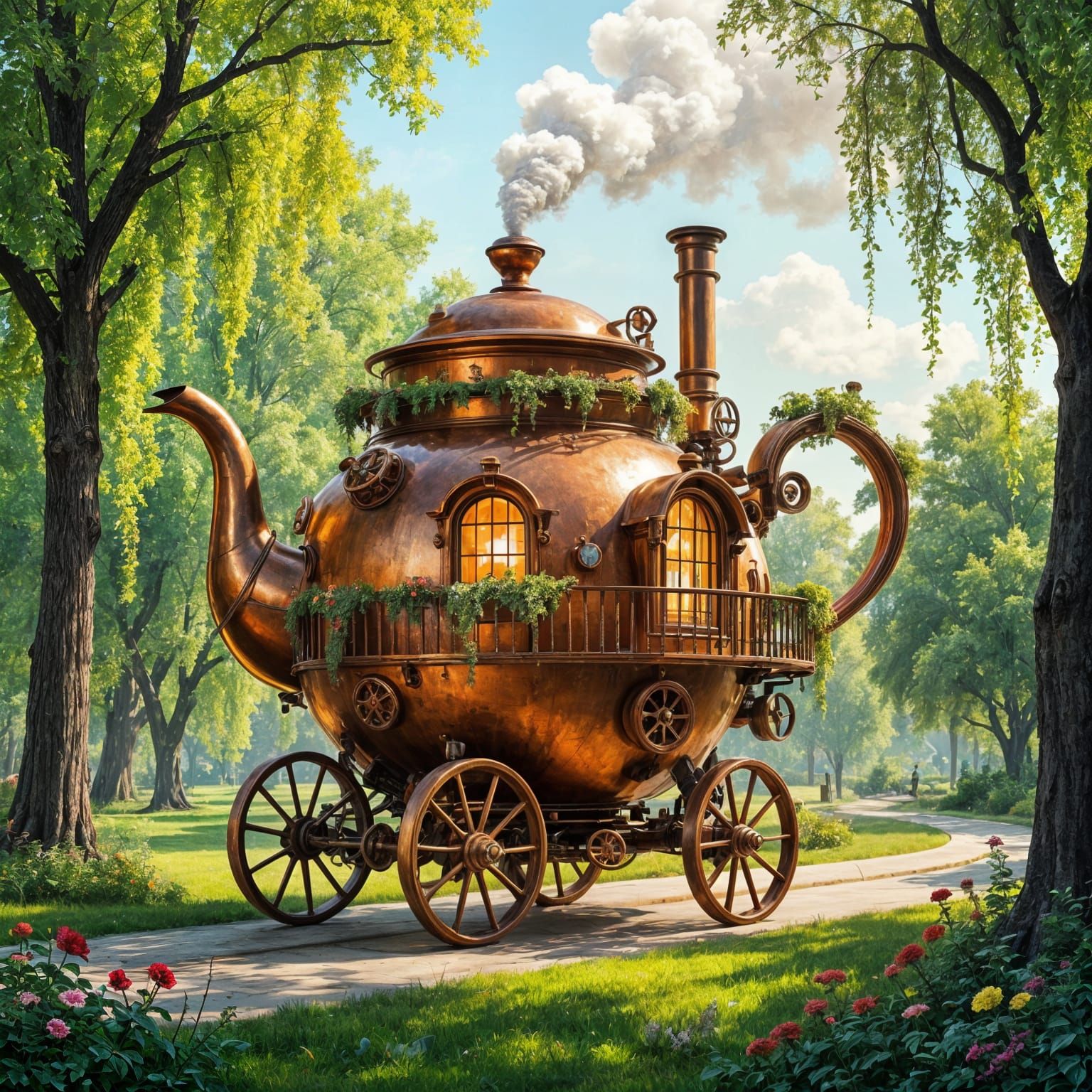 Steampunk Teapot House Roams Park in Golden Light