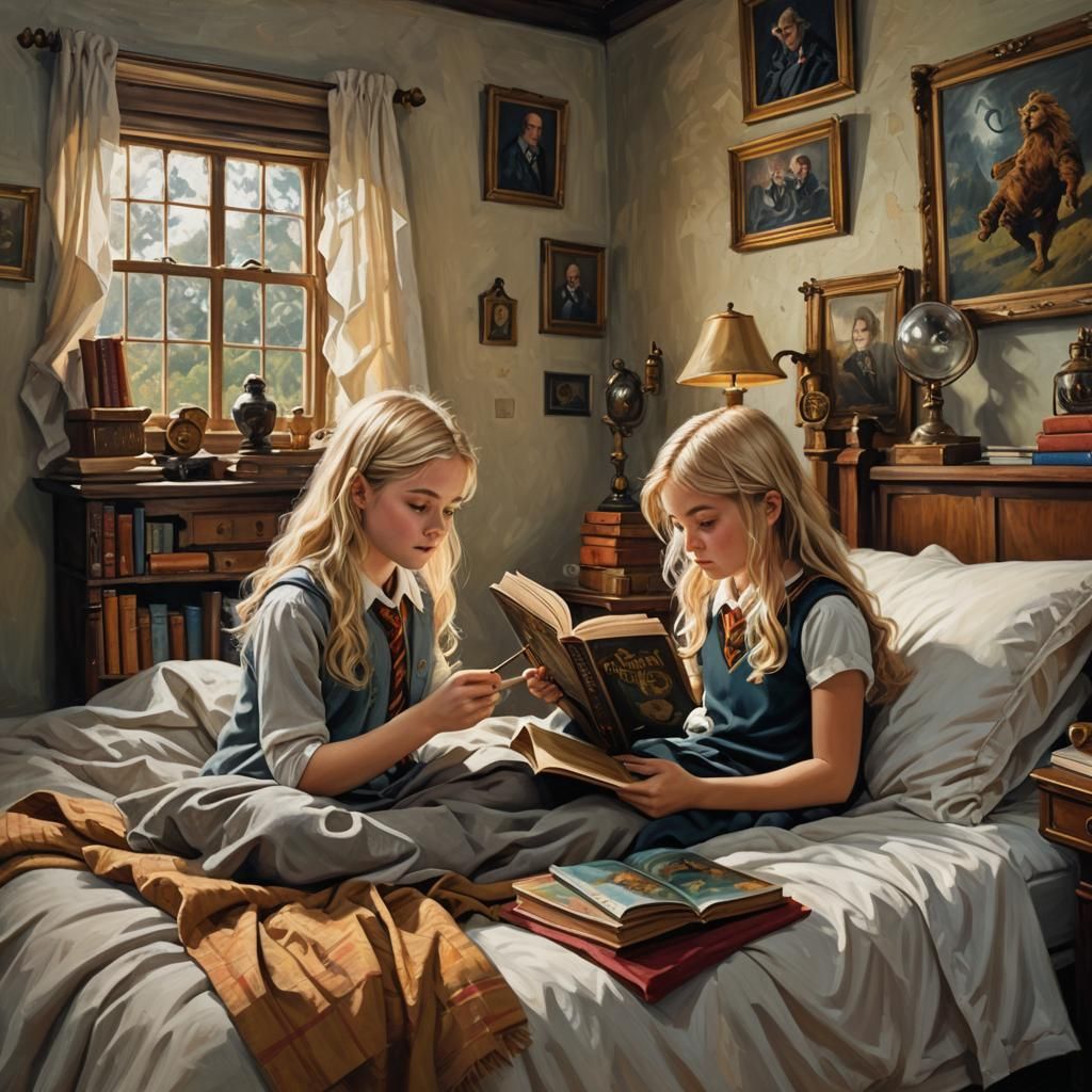Girl Reads Harry Potter, Golden Age Illustration