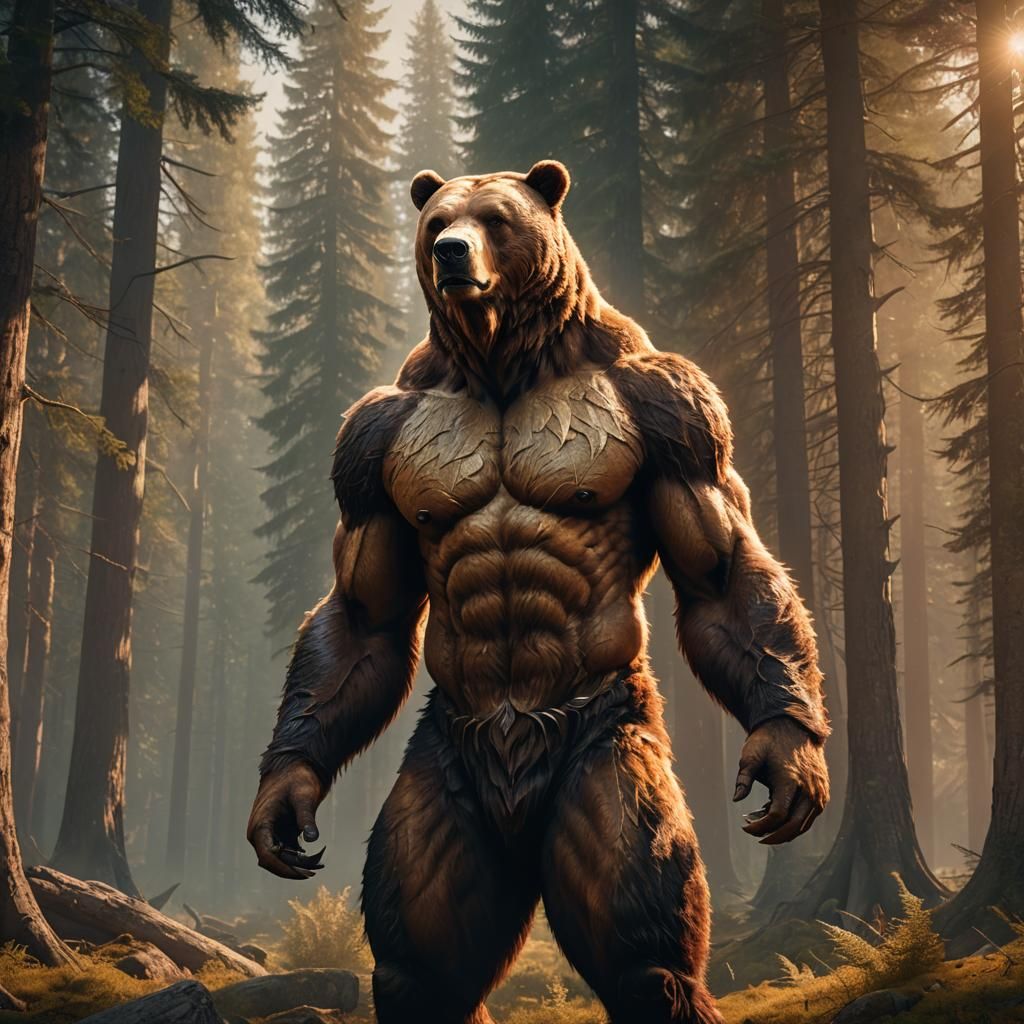 Man-Bear Hybrid in Misty Forest: Fantasy Art