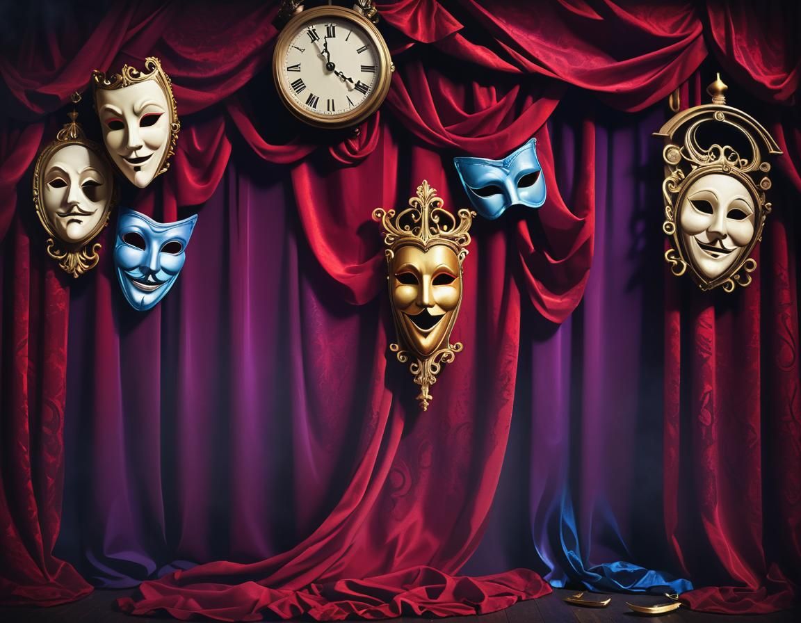 Surreal Theatre Stage with Masks and Clock