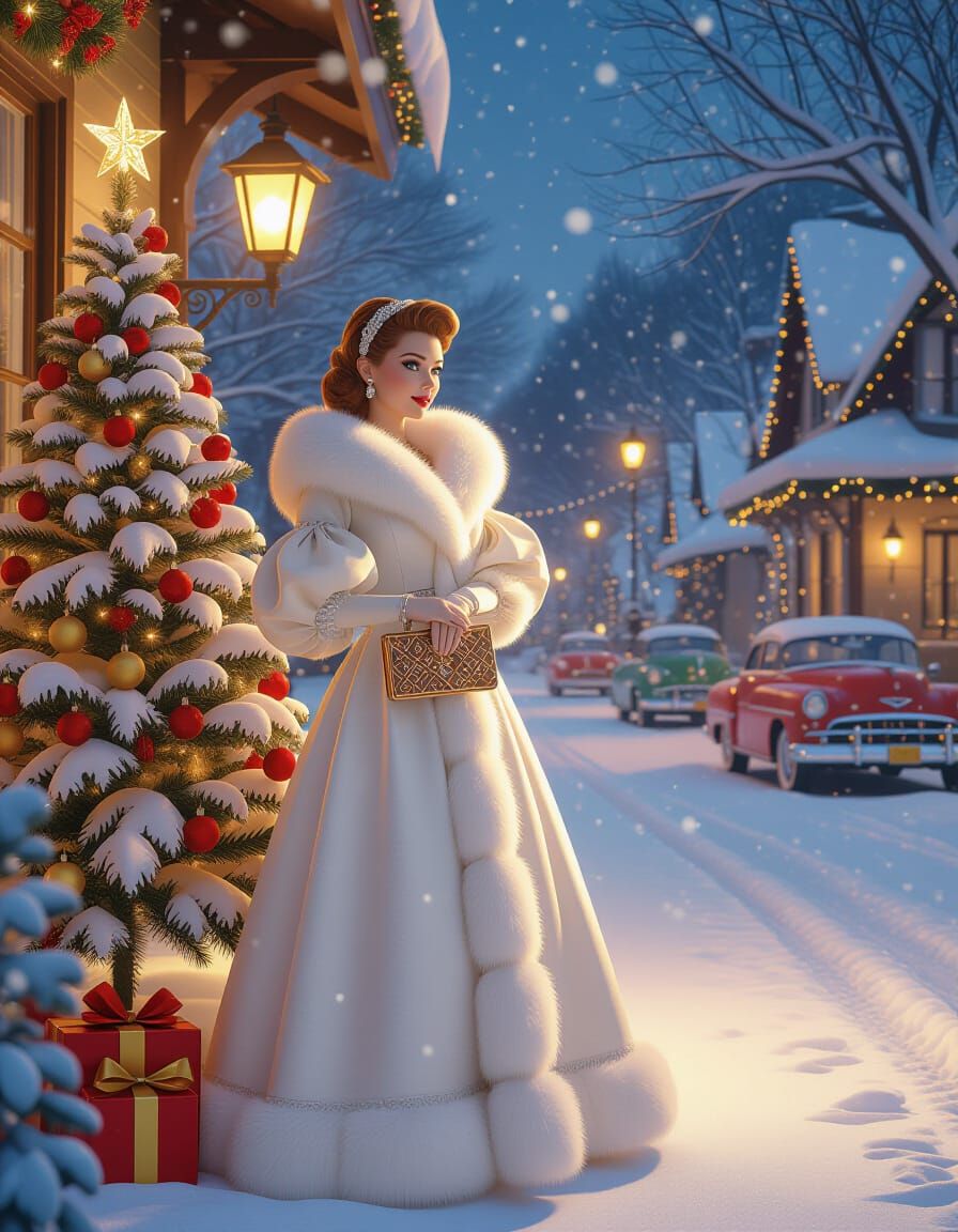 1940s Snow Maiden in Fur Coat by Christmas Tree