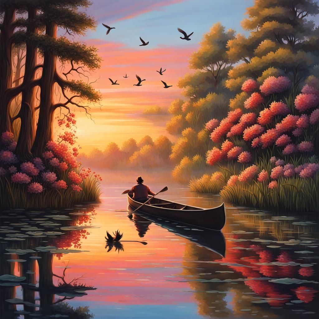 Canoe Reflection at Sunrise: Hyperrealistic Splash Art
