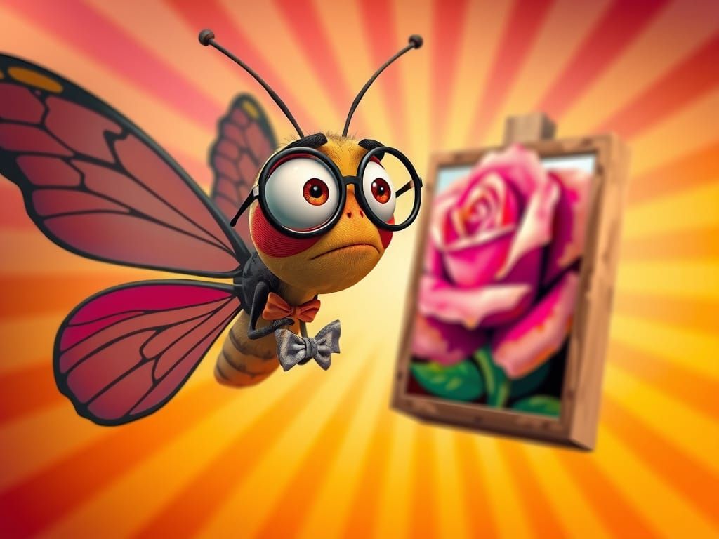 Bewildered Butterfly Gazing at Rose Painting in Cartoon Styl...