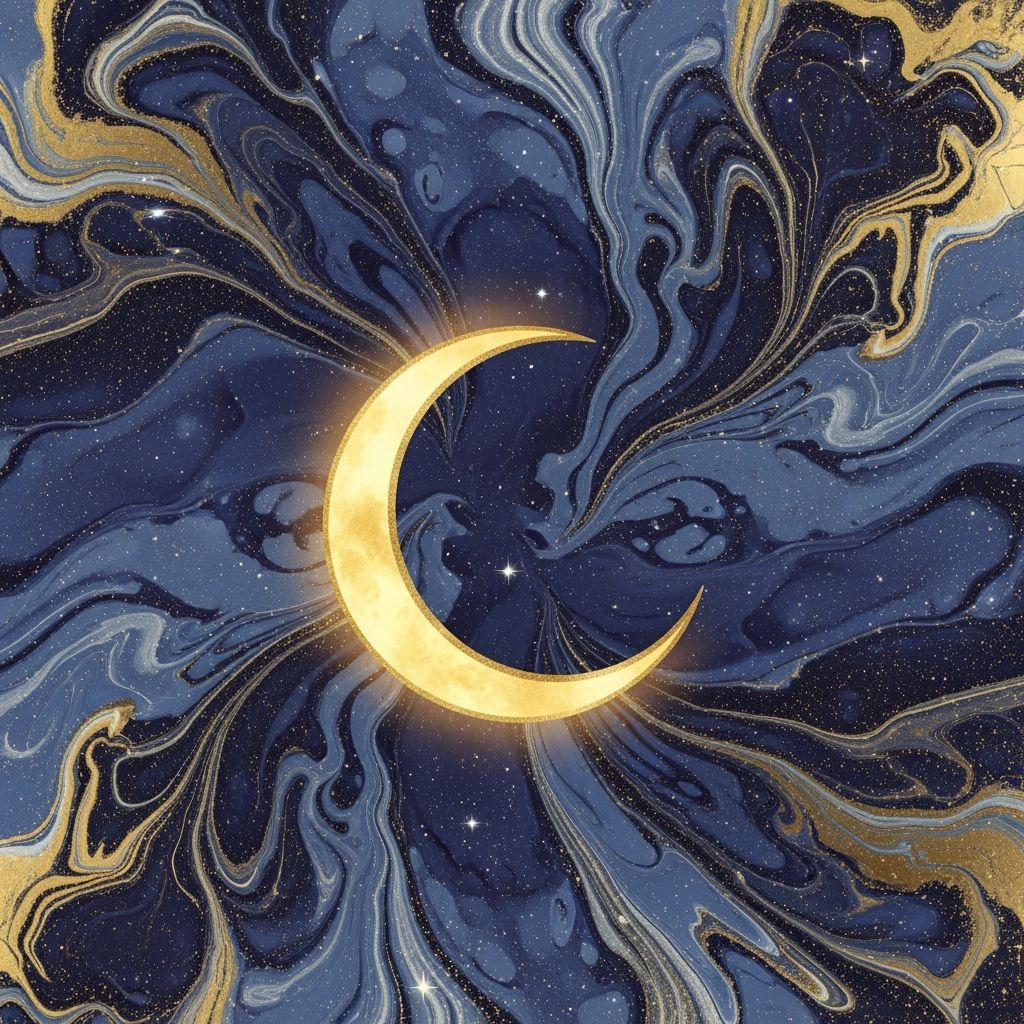 Crescent Moon Emerging from Indigo Swirls