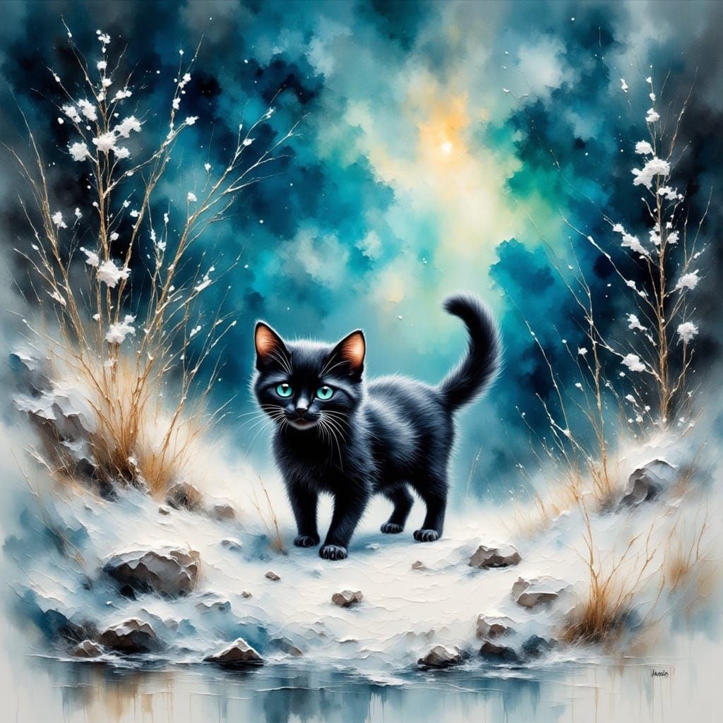 Whimsical Grungy Oil Painting of a Black Cat in a Blizzard