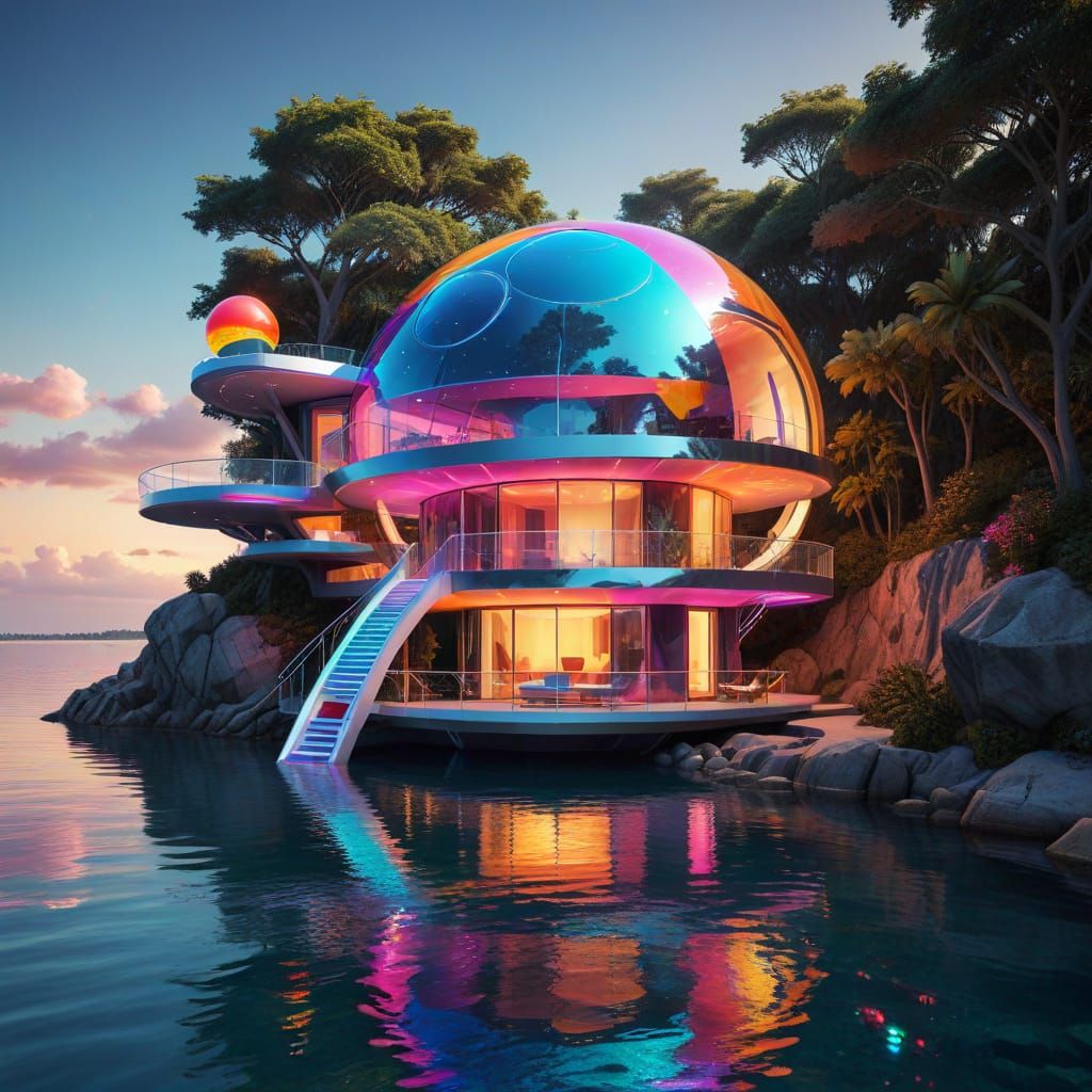 Psychedelic Futuristic House Floating Above Water