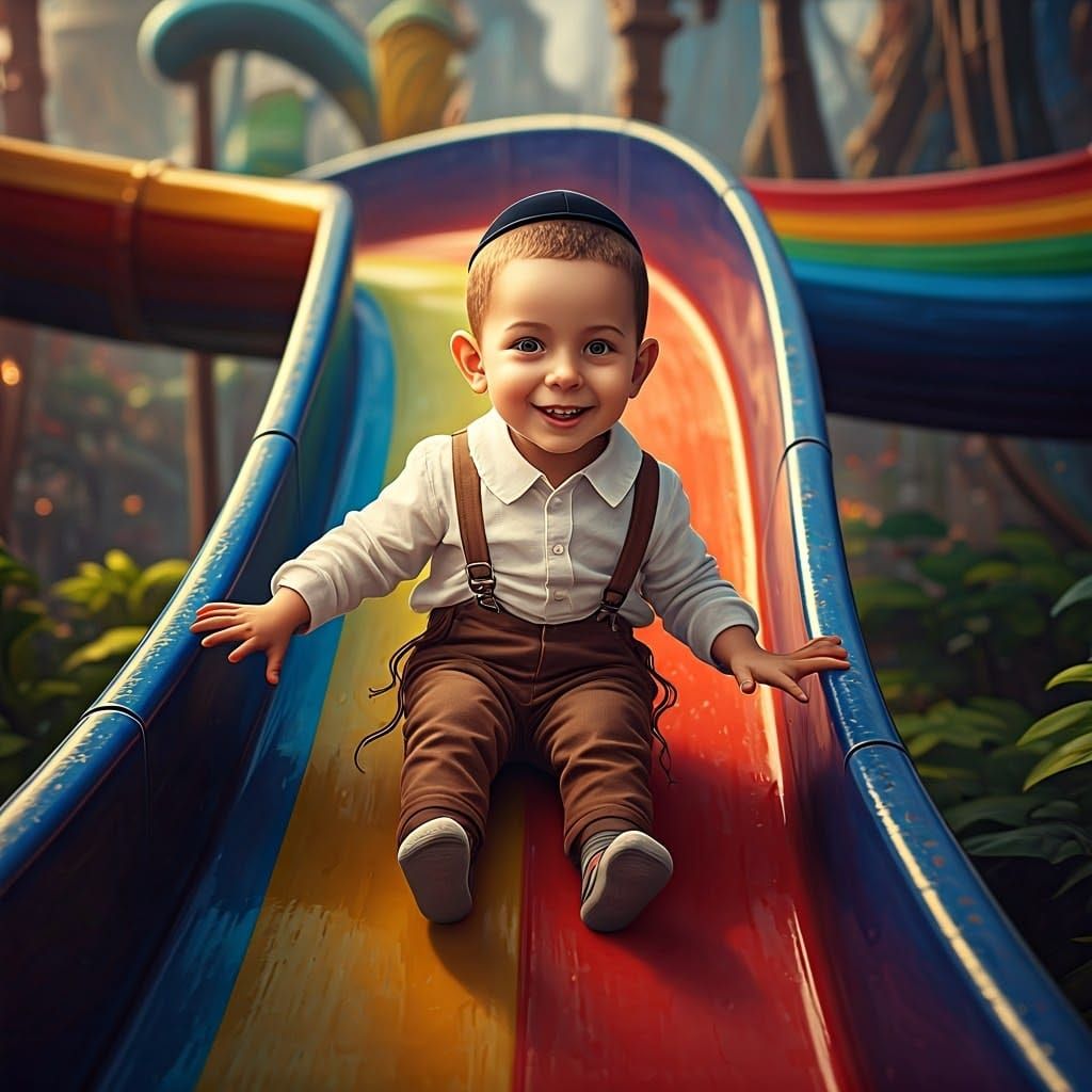 Joyful Jewish Boy soars on Whimsical Slide
