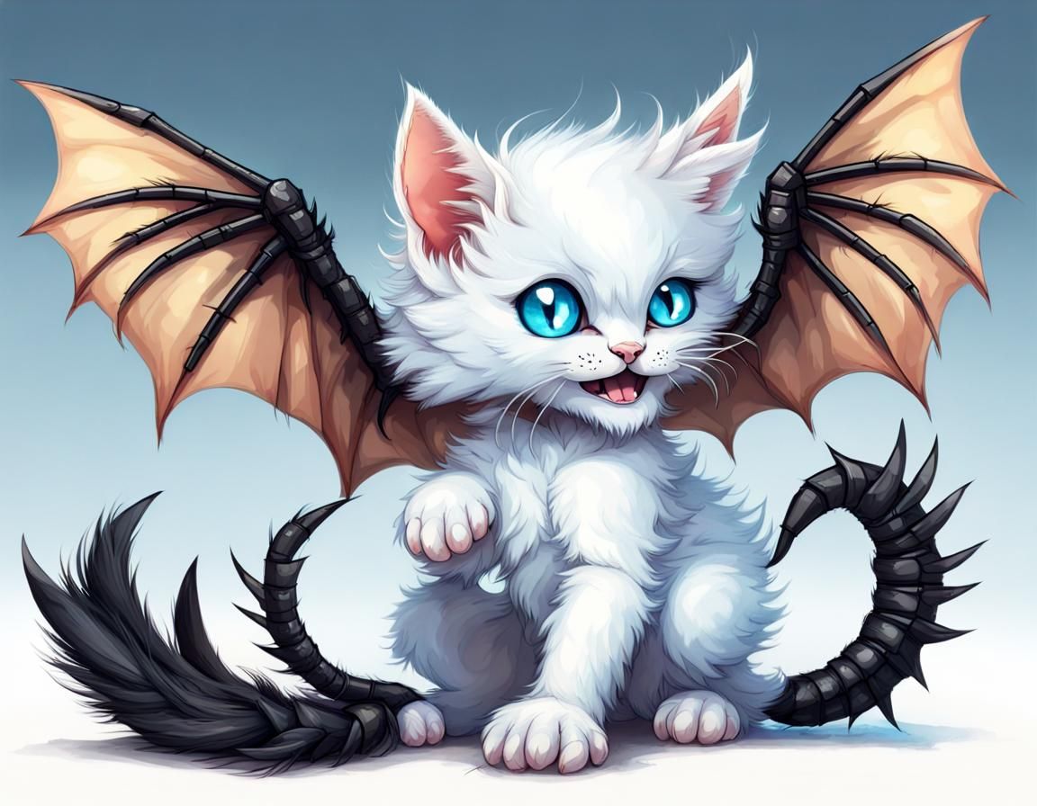 Fluffy Demon Kitten with Scorpion Tail and Wings