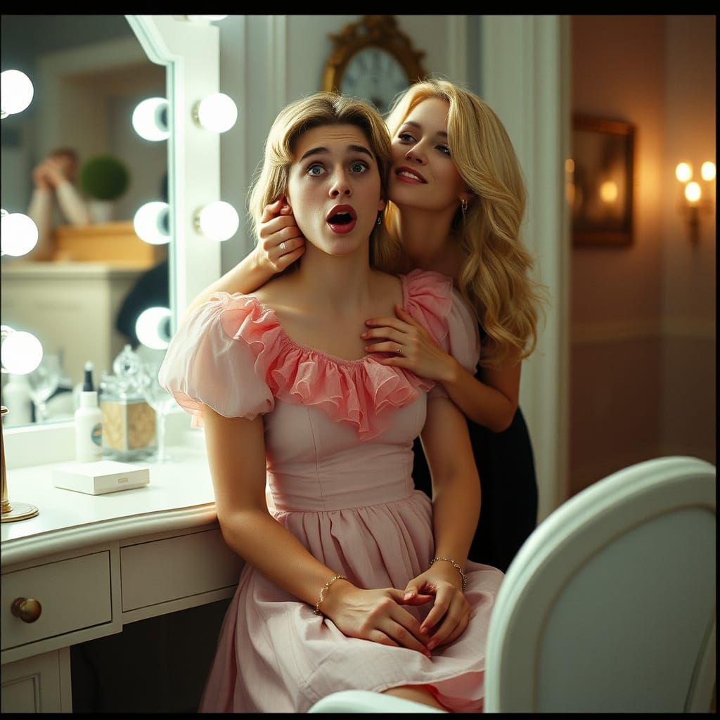 Man in Frilly Dress at Vanity with Woman