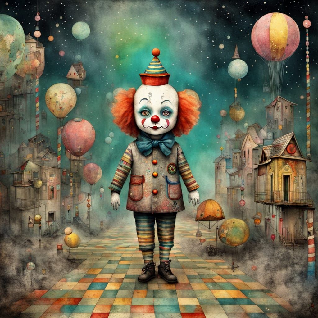 Chibi Clown Visits Abandoned Playground in Watercolor