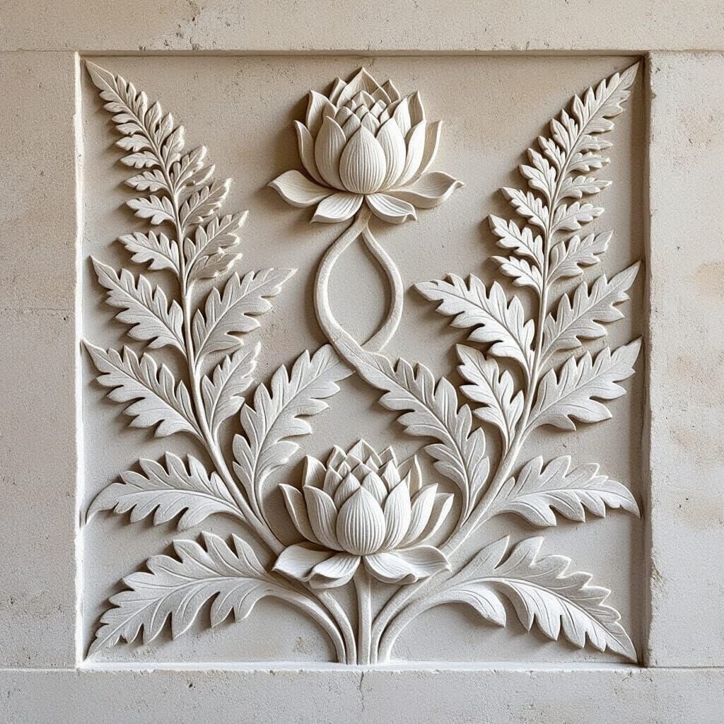 Monochrome Stone Relief Carving: Fern and Lotus