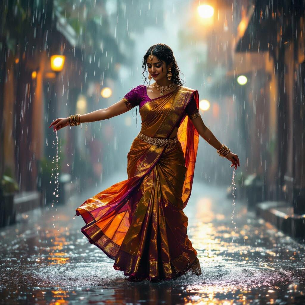 Indian Woman Dancing in Rain, Cinematic Lighting