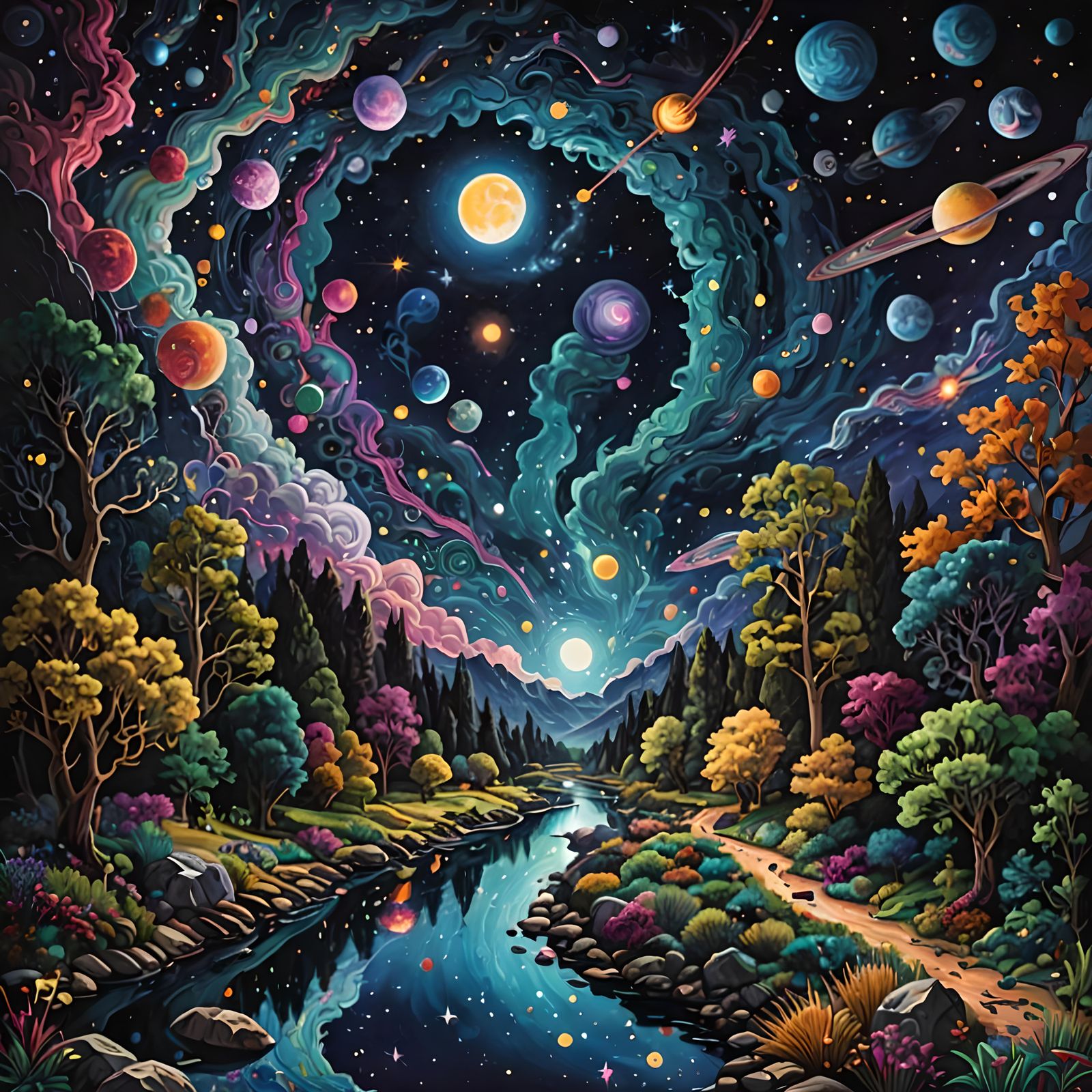 Hyperdetailed Cosmic River at Night