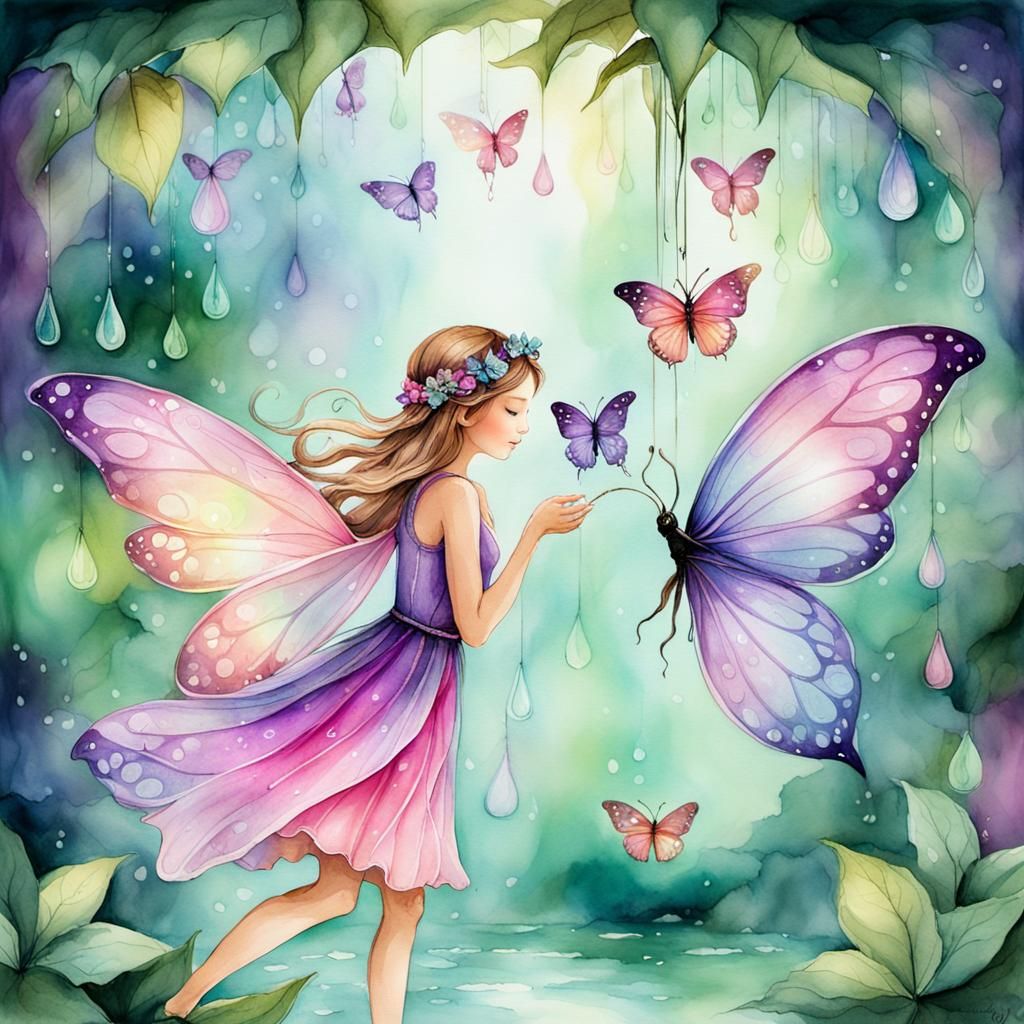 Fairy Sleeping in Dewdrop with Rainbow Wings