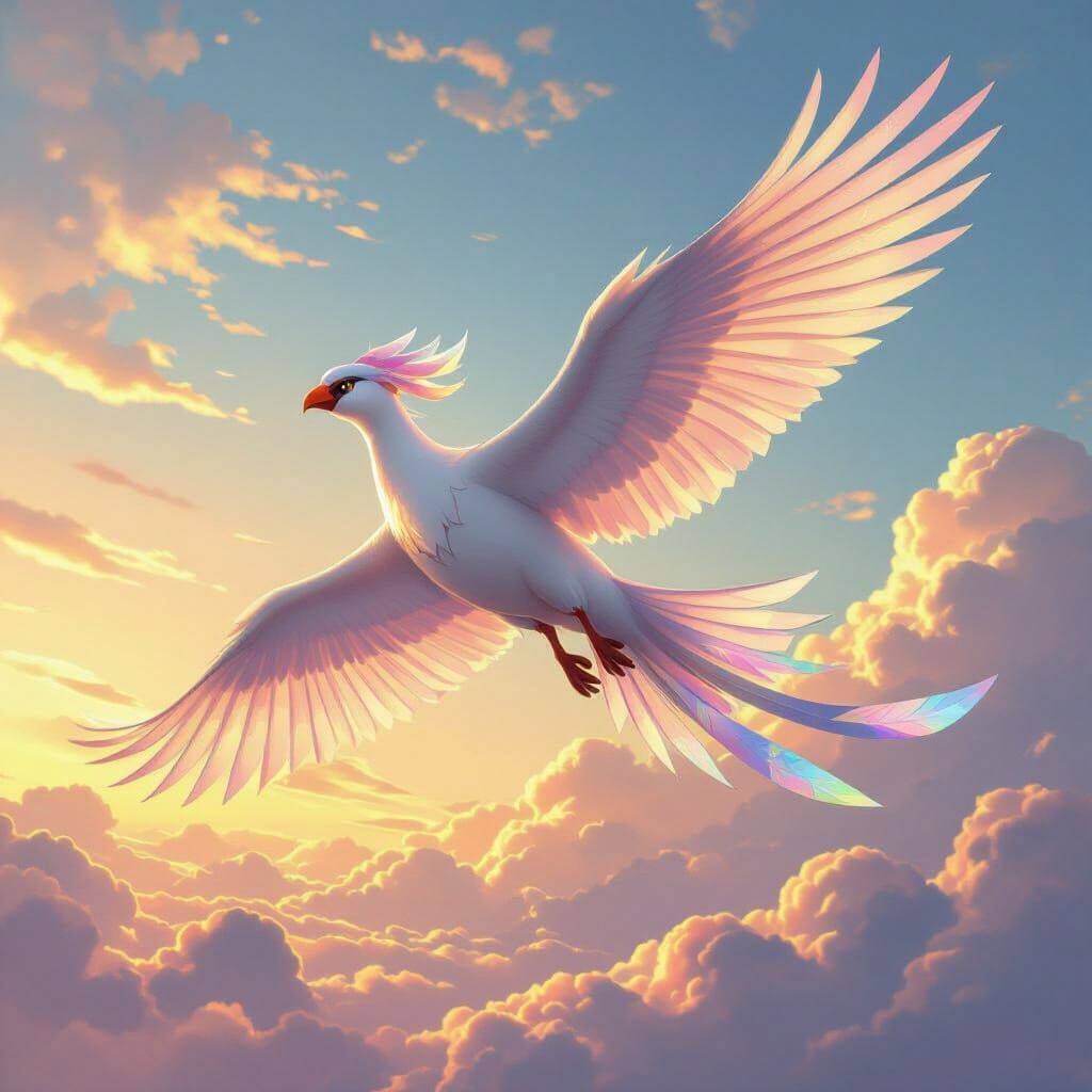 Legendary Bird Pokémon in Pastel Sky, Iridescent Feathers