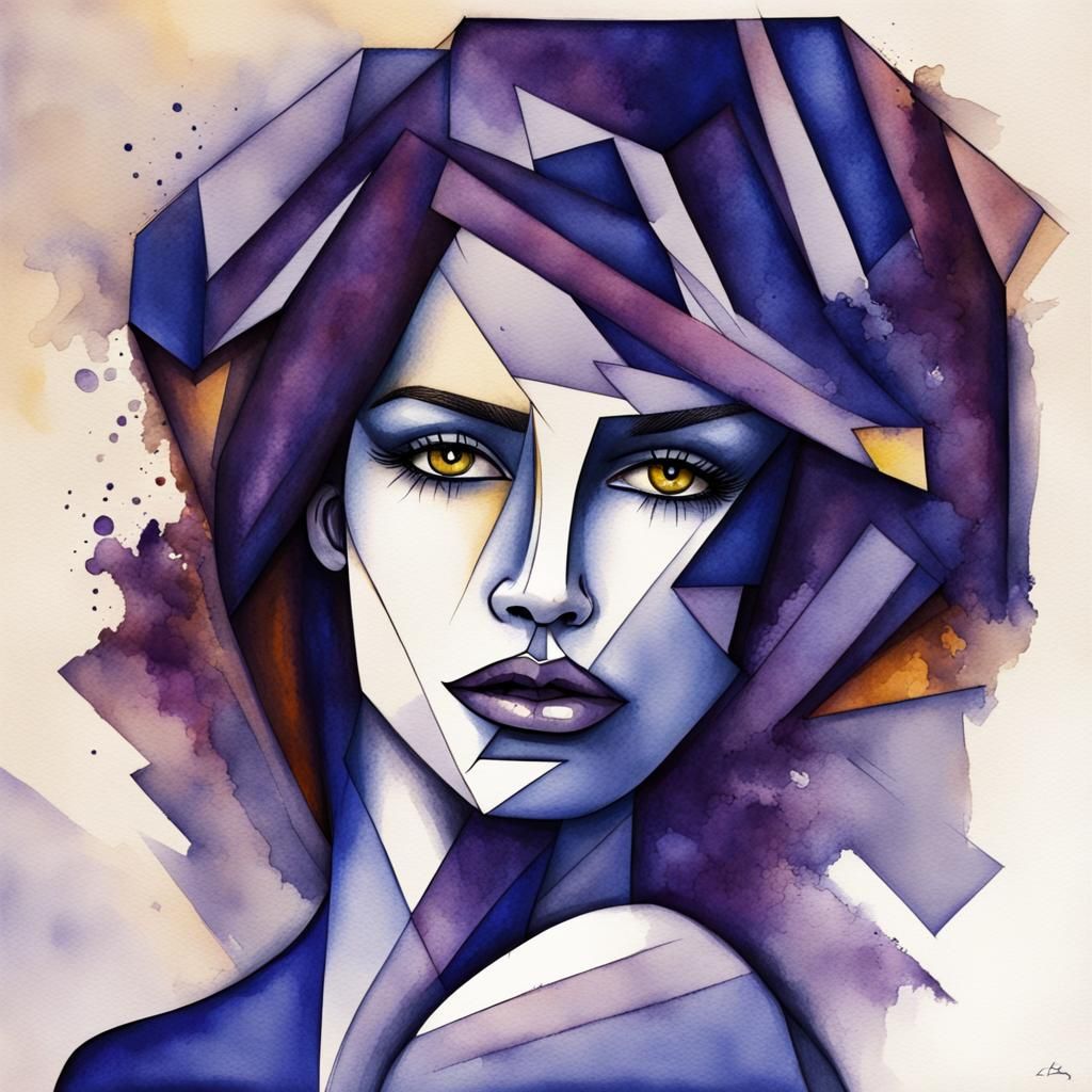 Abstract Ink Portrait of Woman in Cubist Style