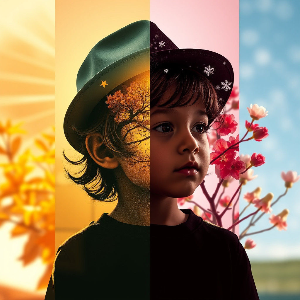 Seasonal Portrait: Boy in Double Exposure Silhouette