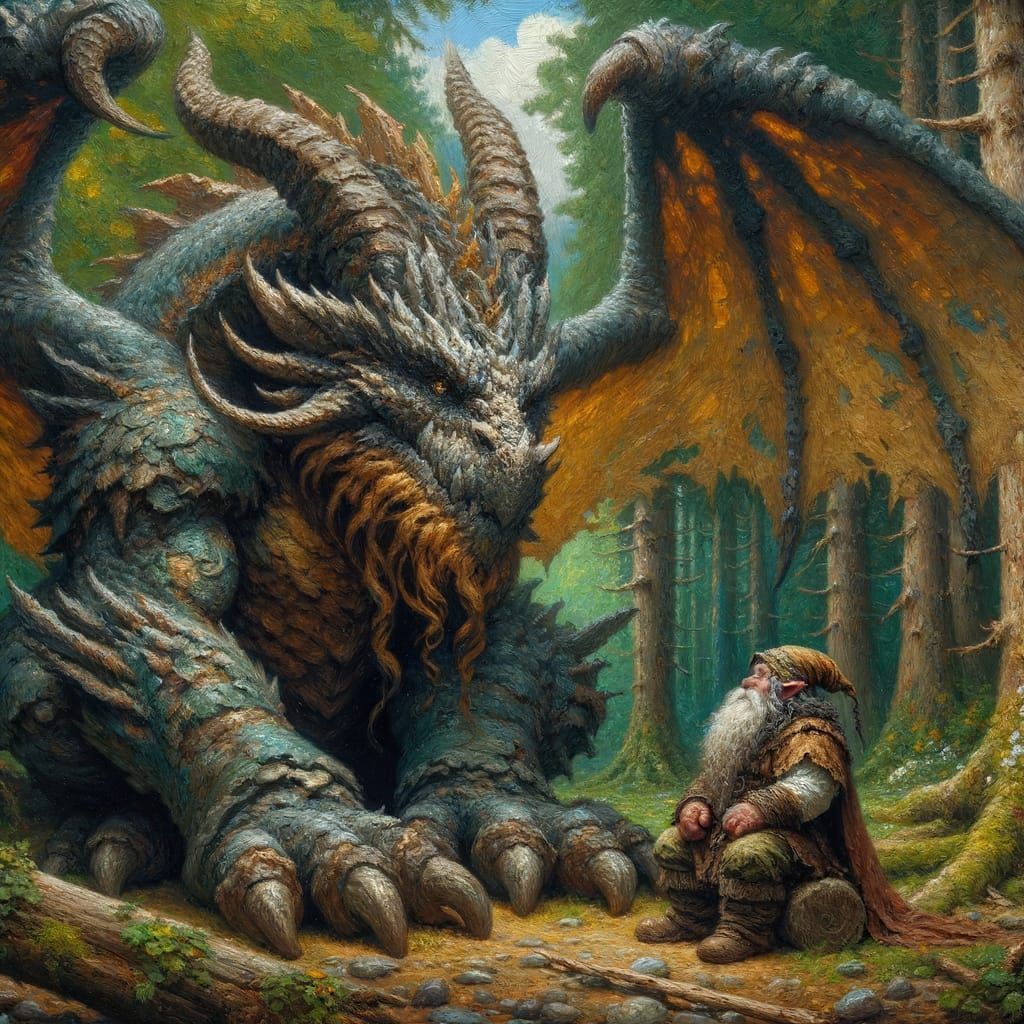 Dwarf and Dragon in Forest, as Impasto Oil Painting