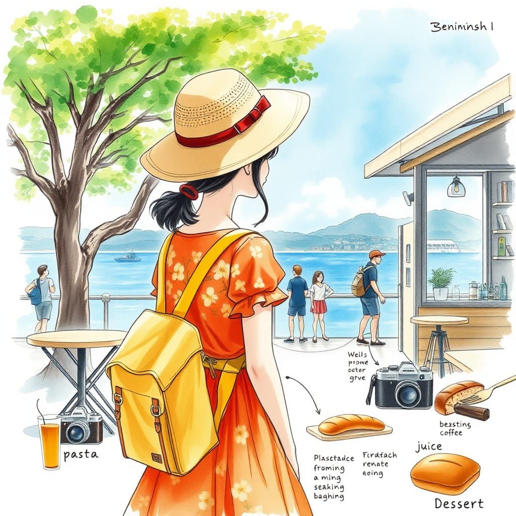 Seaside Coffee Shop: Watercolor Anime Sketch