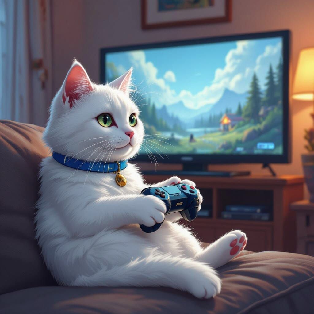 White Cat Forced to Play Video Game by AI