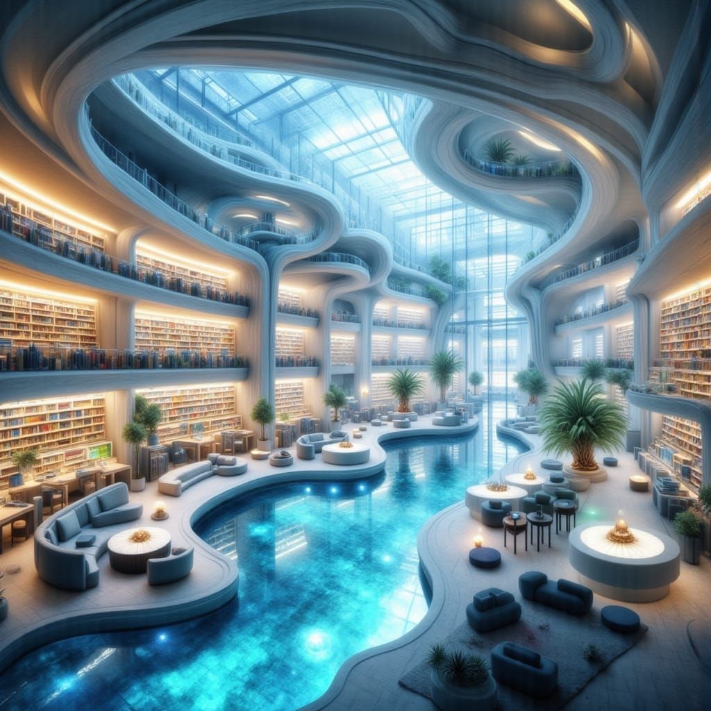 Futuristic Library with Indoor Pool